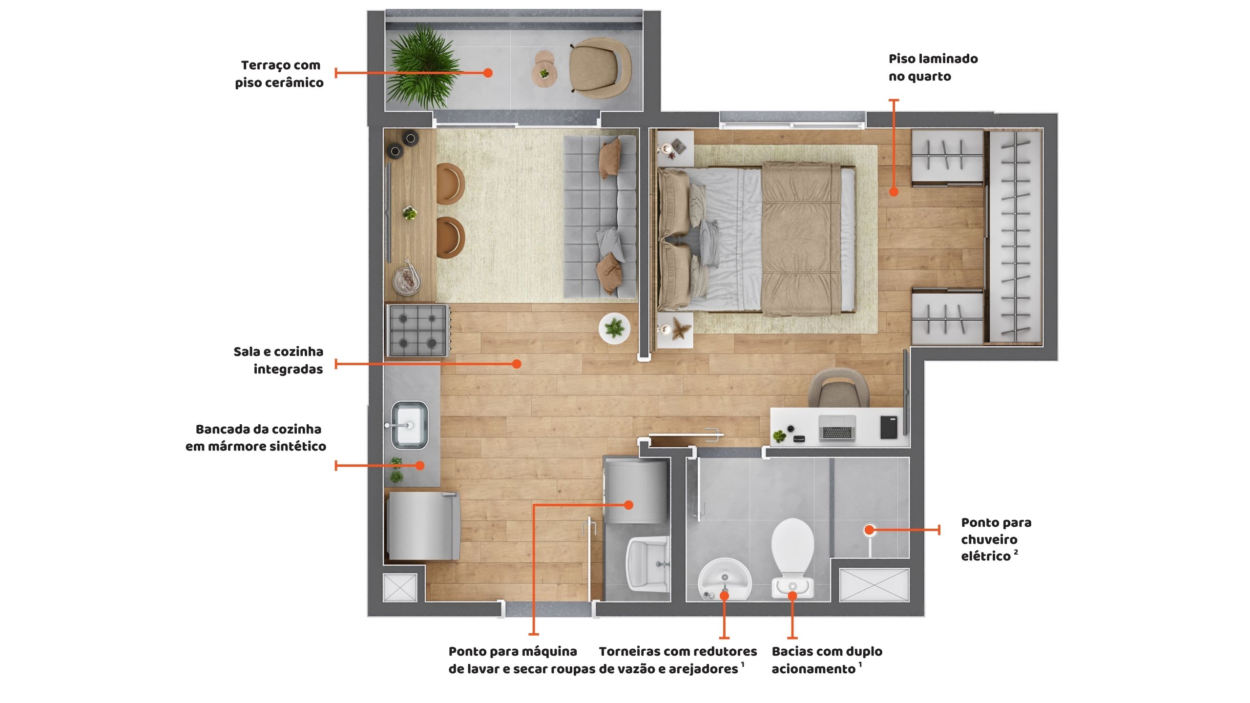 1 quarto com varanda + espaço para closet